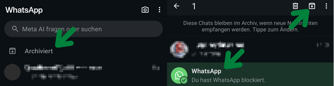 WhatsApp-Menü: Tippt zuerst ganz oben in der Chat-Übersicht auf "Archiviert" und markiert dann den gewünschten Kontakt und drückt oben rechts auf das Dearchivieren-Symbol.