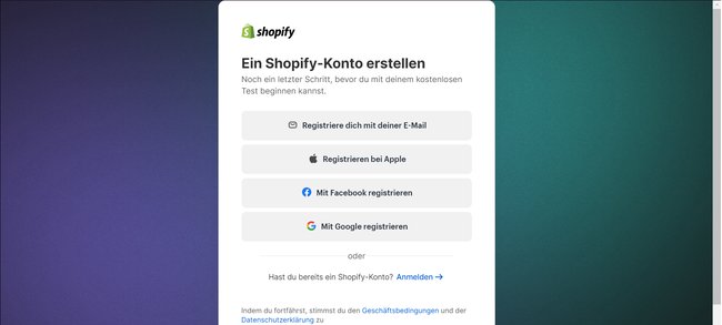 Registrierung Shopify