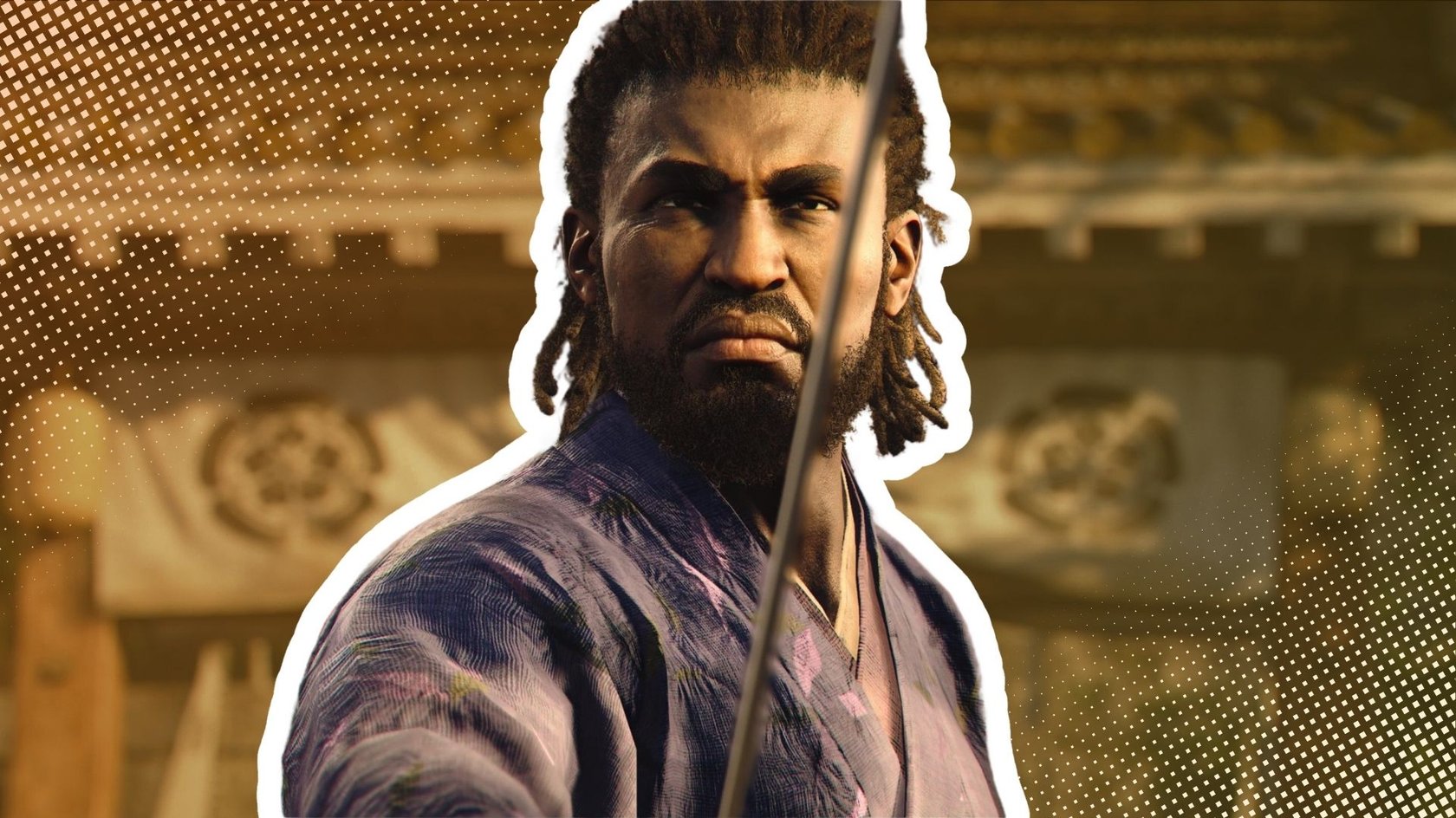 Das Bild zeigt Yasuke von vorne, wie ihr ein Samurai-Schwert hält. Er ist weiß umrandet und hervorgehoben.