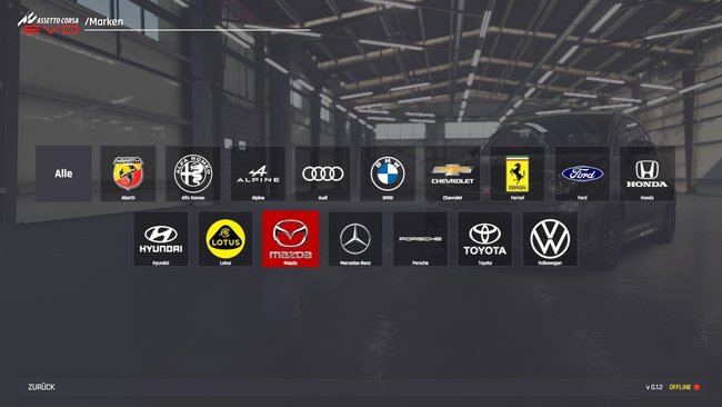 Eine Liste aller Automarken wie Alfa Romeo, BMW, Ferrari, Honda, Mazda, Porsche oder VW.