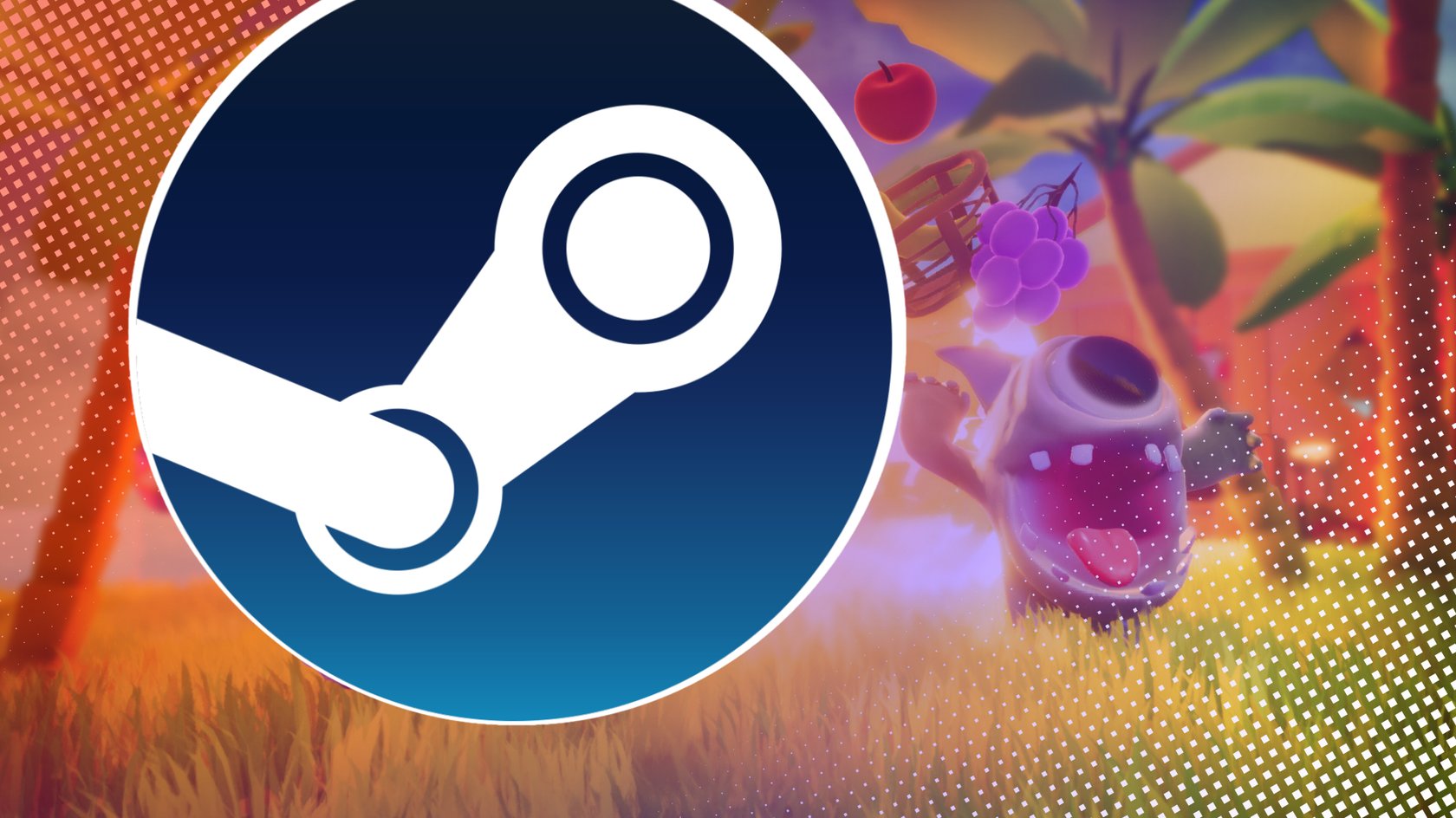 Steam-Logo vor einem Screenshot aus What The Pak?! auf Steam, der zwei Aliens mit einem Auge zeigen, die über eine Wiese rennen.
