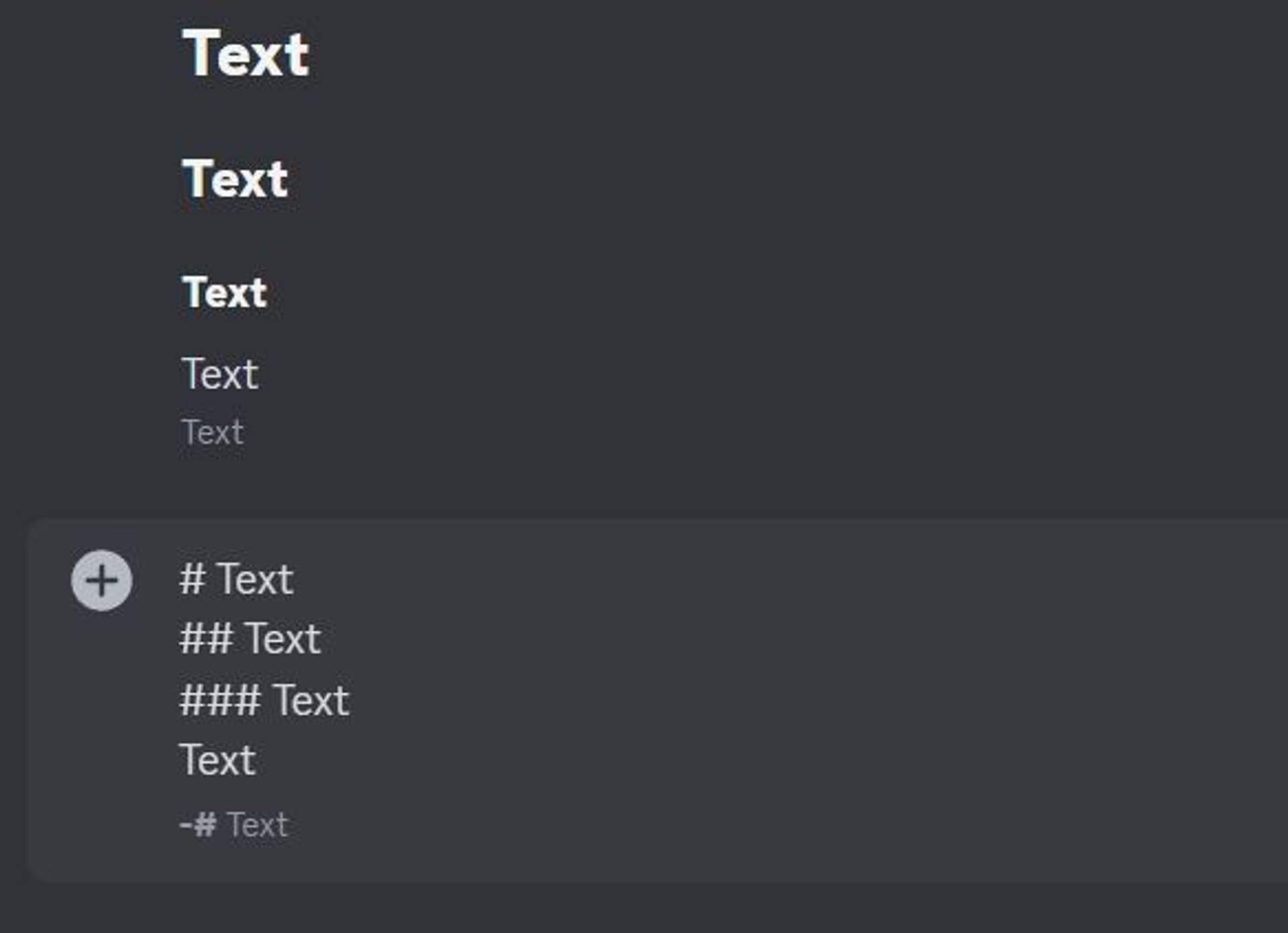 Пример различных заголовков и размеров шрифта в Discord: Заголовок 1 (большой), Заголовок 2 (средний), Заголовок 3 (маленький), обычный текст и уменьшенный текст.