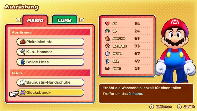 Der Gegenstand „Glücksband+“ im Ausrüstungsmenü von Mario in Mario & Luigi: Brothership.