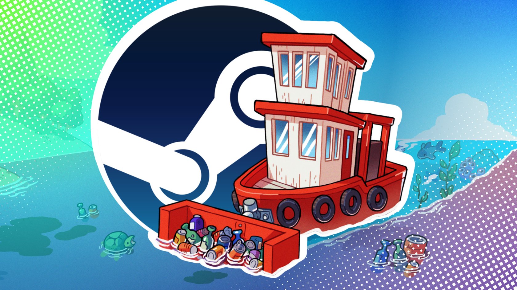 Schiff aus dem Spiel Spilled! vor dem Steam-Logo, beide Elemente vor einem blaugrünen Hintergrund.