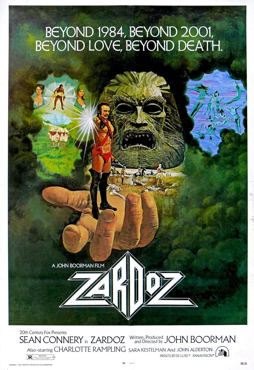 Filmplakat für „Zardoz“. Oben steht der Slogan „BEYOND 1984, BEYOND 2001, BEYOND LOVE, BEYOND DEATH.“ Im Zentrum steht ein Mann in einem roten Lendenschurz und schwarzen Stiefeln, der eine Pistole hält und auf einer riesigen Hand steht. Im Hintergrund ist ein großes, grünes, monströses Gesicht zu sehen. Der Titel „ZARDoz“ ist in großen, weißen, geometrischen Buchstaben darunter platziert.