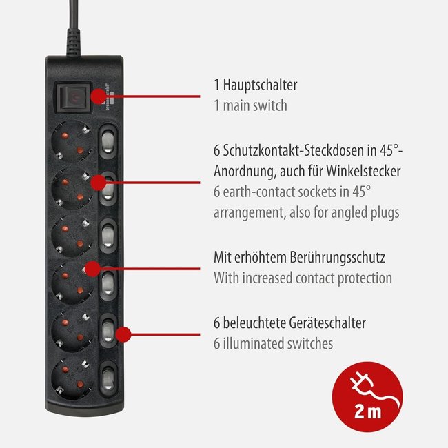 Die Steckdosenleiste von Brennenstuhl mit einzeln schaltbaren Steckdosen.