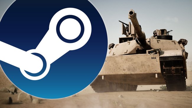 Panzer aus dem Spiel Squad, im Vordergrund das Steam-Logo