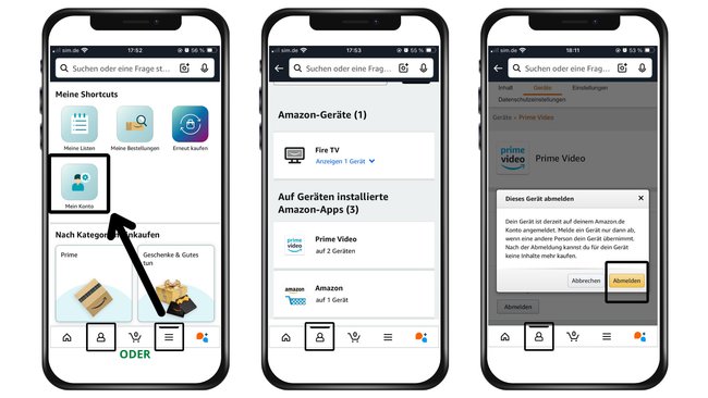 Geräte-Abmeldung in der Amazon-App in drei Schritten. Screenshots aus der Amazon-App. Geräte-Abmeldung in der Amazon-App in drei Schritten. Screenshots aus der Amazon-App.