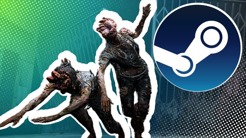 Zombies aus The Last of Us Part 2 und das Steam-Logo vor einem grünen Hintergrund