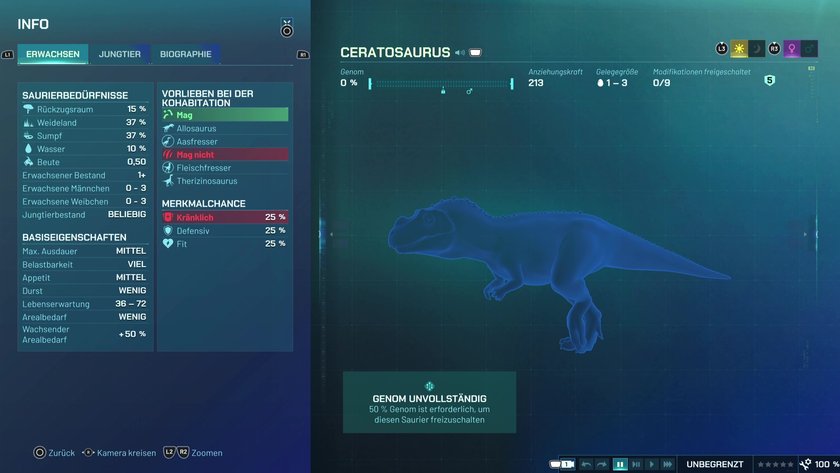 Infos zum Ceratosaurus Fleischfresser-Dino in Jurassic World Evolution 3