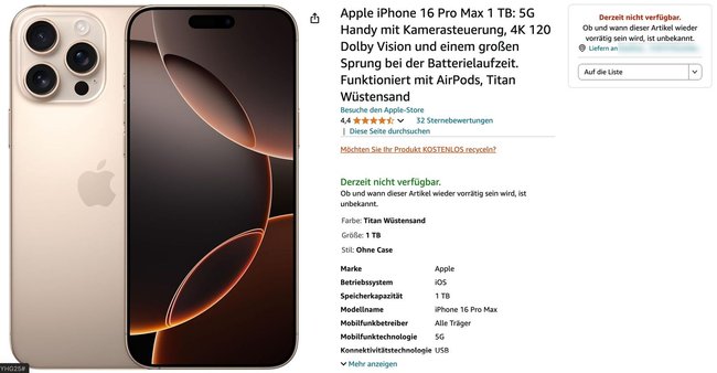 Das iPhone 16 Pro Max ist bei Amazon nicht bestellbar.