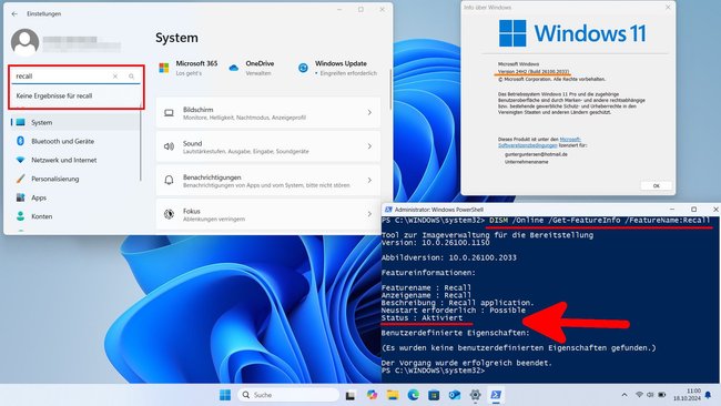 Windows 11: Recall ist aktiviert, aber man findet keine Einstellungs-Optionen.