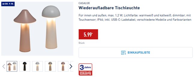 Casalux wiederaufladbare Tischleuchte in verschiedenen Farben und Modellen auf der Aldi-Website.