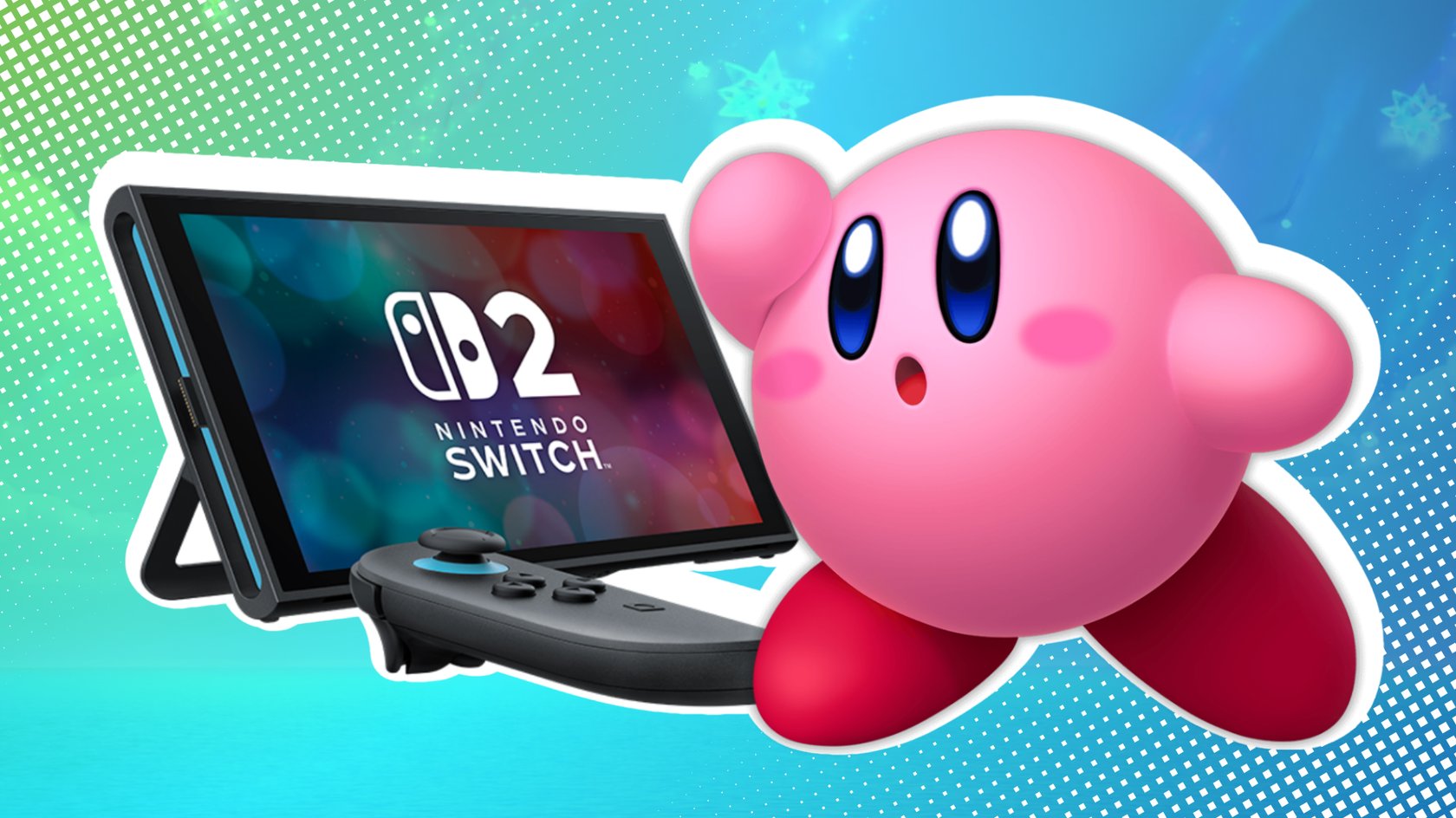 Kirby vor einer Nintendo Switch 2 mit seperaten Joy-Cons.