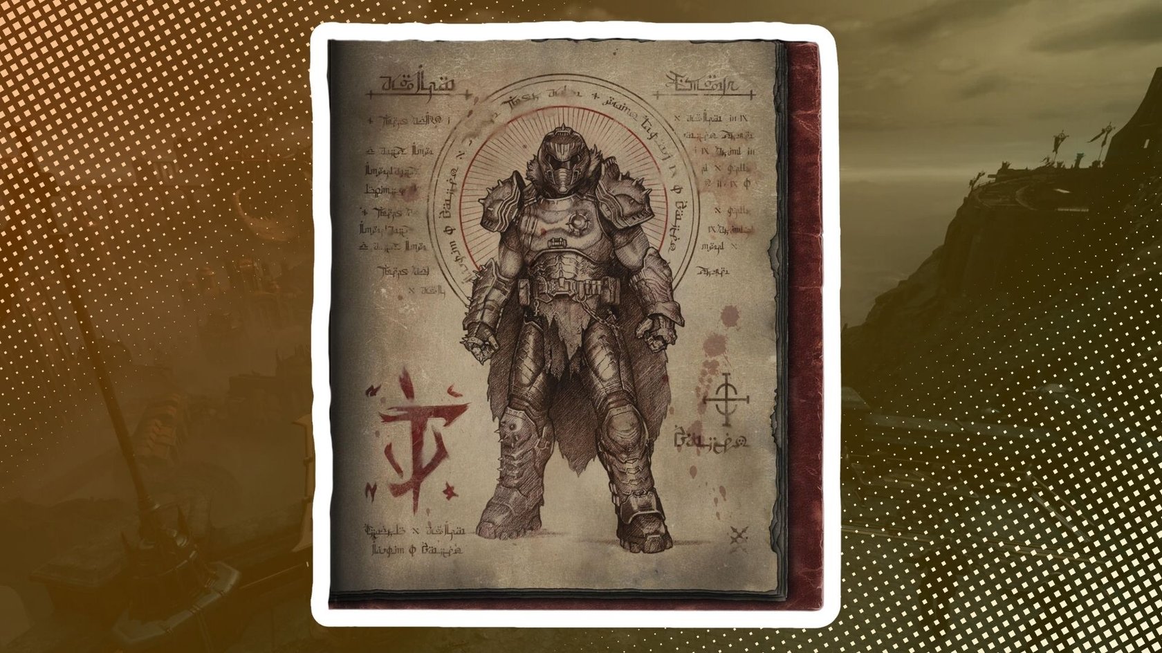 Das Bild zeigt den Slayer aus Doom The Dark Ages, dargestellt auf einer alten, vergilbten Buchseite mit kunstvoller Zeichnung. Die Figur steht frontal, trägt einen Helm und eine detailreiche, beschädigte Plattenrüstung. Rund um die Figur befinden sich mystische Symbole, handschriftliche Notizen in einer fiktiven Schrift und ein leuchtender Kreis hinter dem Kopf. Die Buchseite ist weiß umrandet und hervorgehoben.
