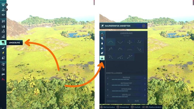 Terrain-Pinsel im Menü von Jurassic World Evolution 3 Terrain-Pinsel im Menü von Jurassic World Evolution 3