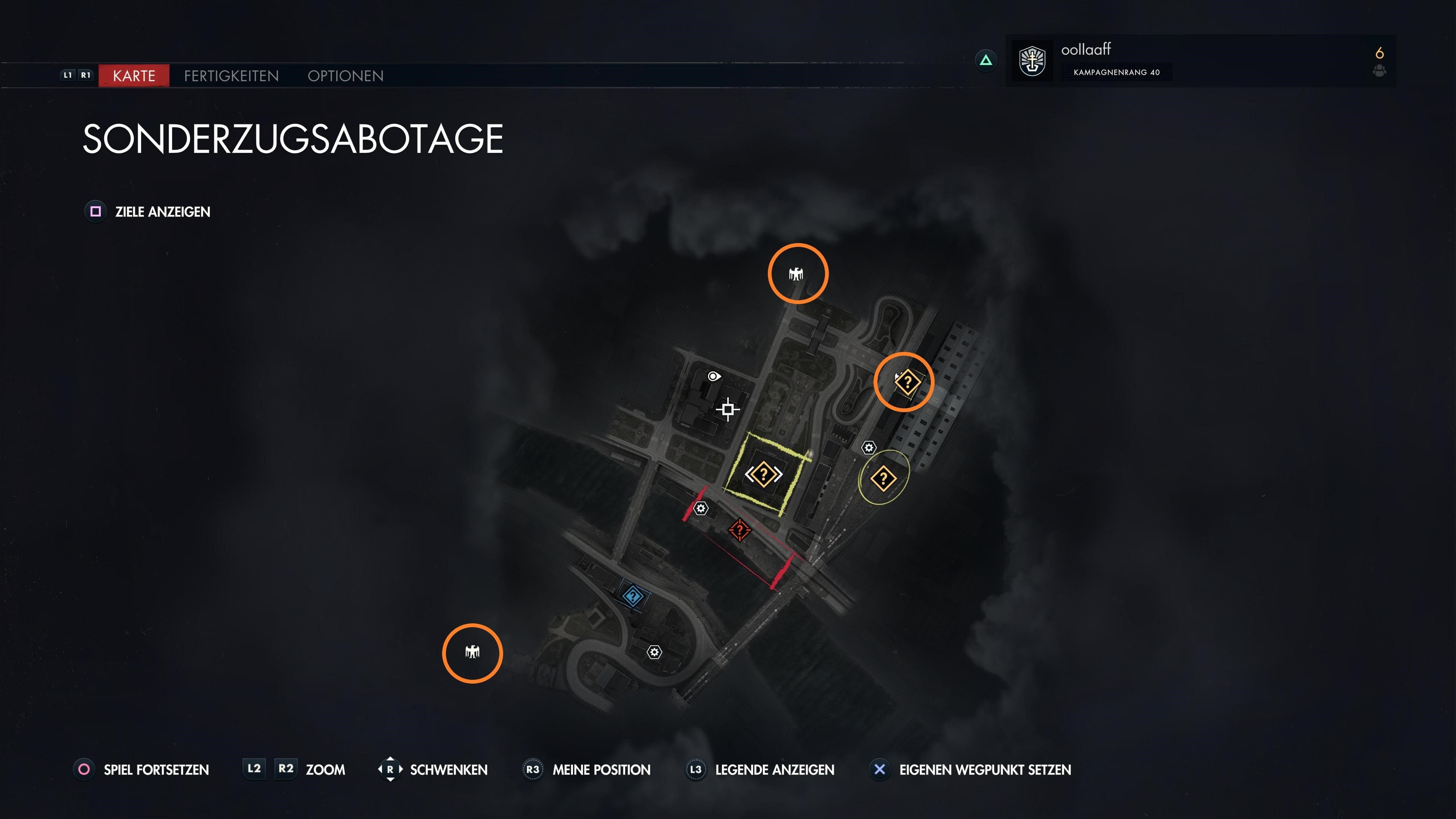 Das Bild zeigt die Map der Mission „Sonderzugsabotage“, worauf die Fundorte der Steinadler markiert sind.