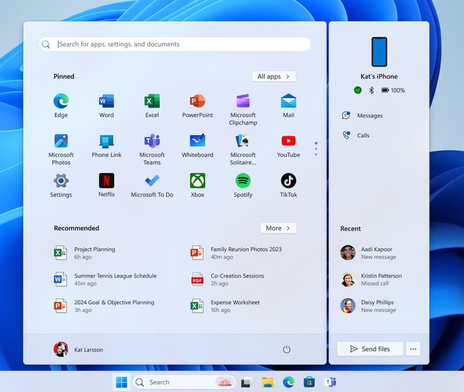 iPhone-Integration im Startmenü von Windows 11.