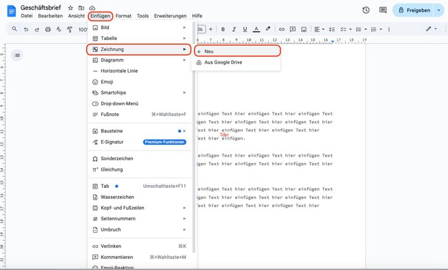 So gelangt ihr zur Zeichenfunktion bei Google Docs.