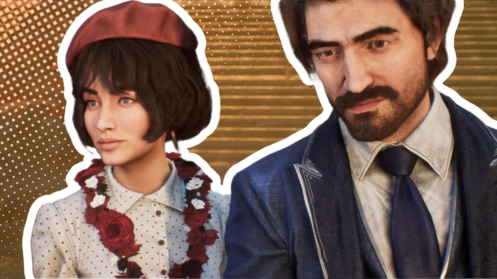 Das Bild zeigt Sophie und Gustave in Nahaufnahme vor einem grafisch bearbeiteten, goldfarbenen Hintergrund mit Punktmuster. Die Frau trägt eine rote Baskenmütze, ein helles, gepunktetes Hemd und eine Blumen-Girlande mit roten und weißen Rosen. Der Mann hat dunkles, lockiges Haar, einen Bart und trägt einen dunkelblauen Anzug mit Krawatte.