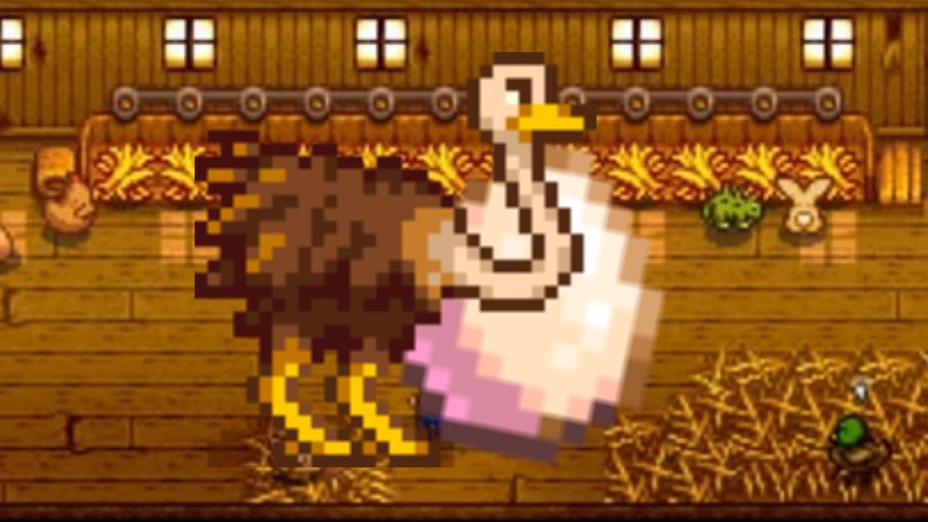 Ein Strauß und Strauß-Ei in Stardew Valley.