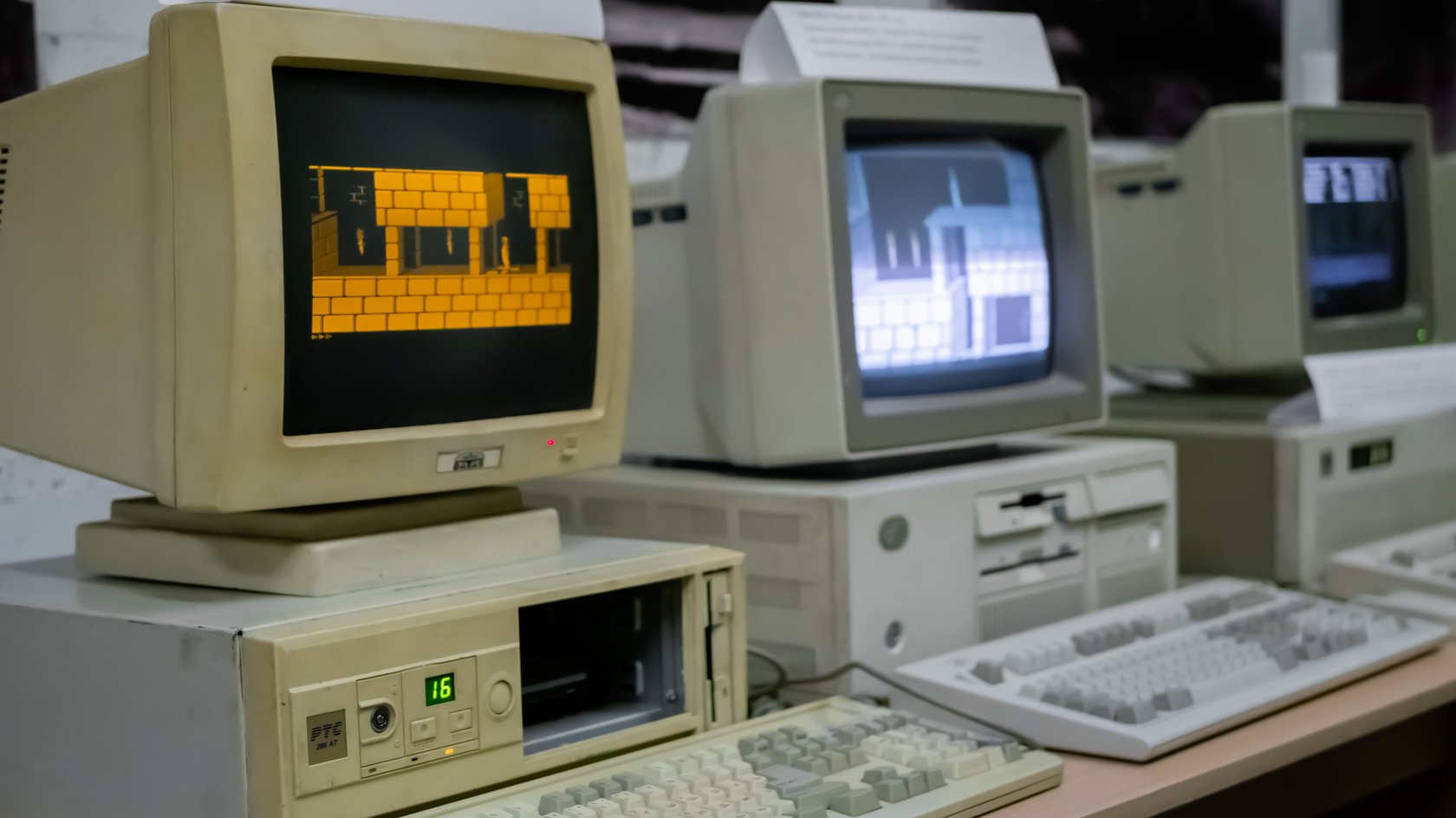 MOSCOW, RUSSIA - JUNE 25, 2019: Exhibition of old desktop computers in technology museum with Prince of Persia game