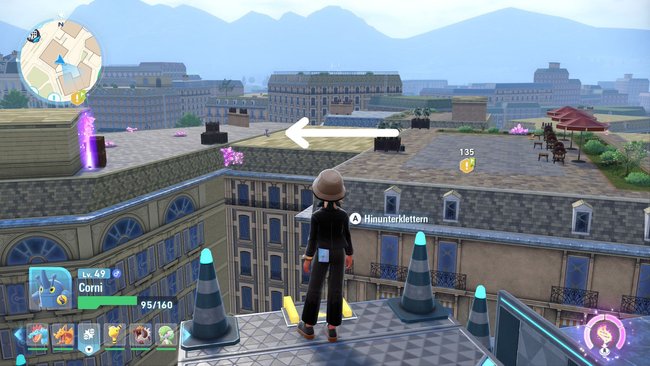 Auf dieses Dach müsst ihr springen, um den Dratini-Fundort (hier mit Pfeil markiert) zu erreichen.