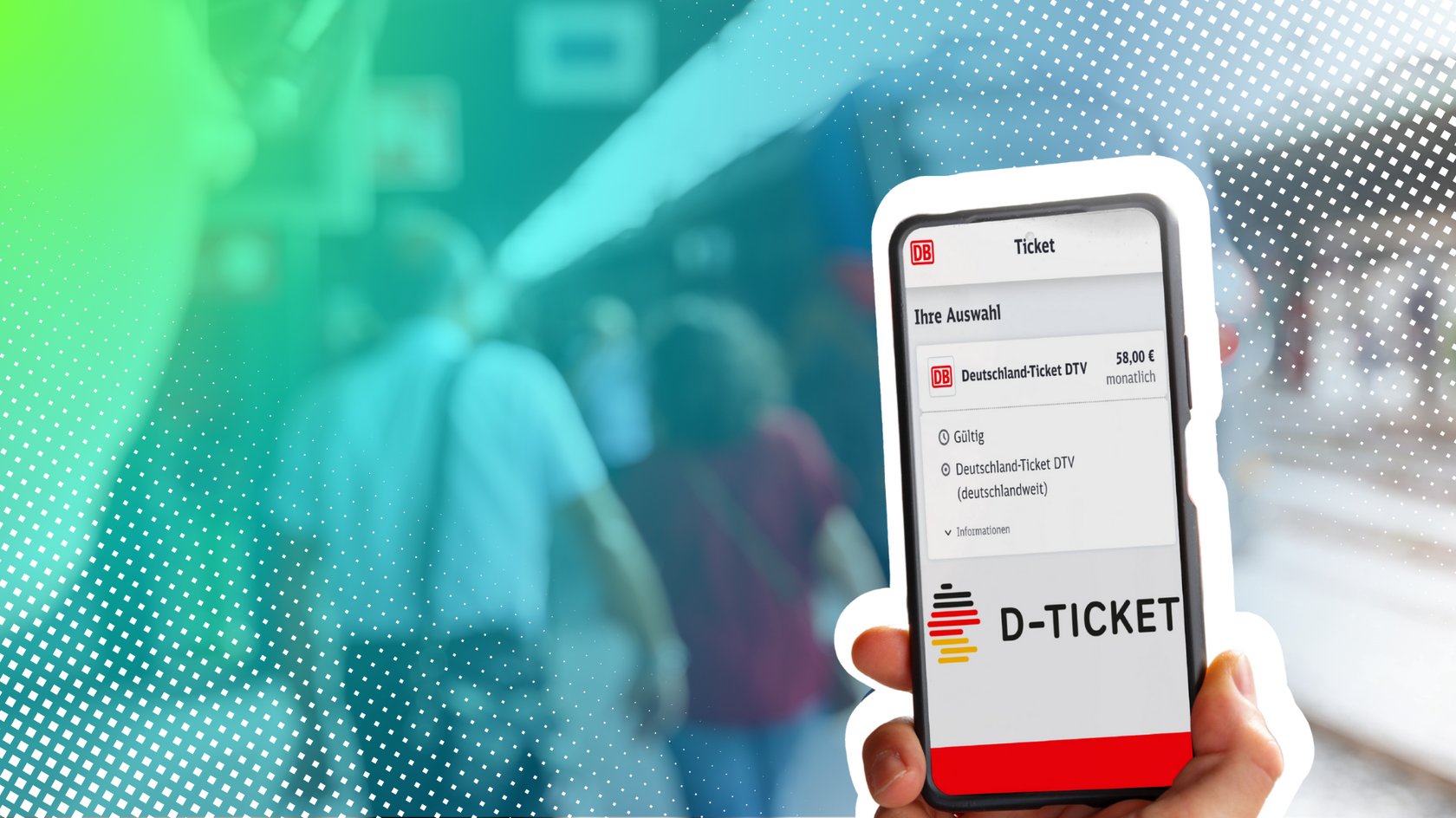 Smartphone mit Deutschland-Ticket am Bahnsteig