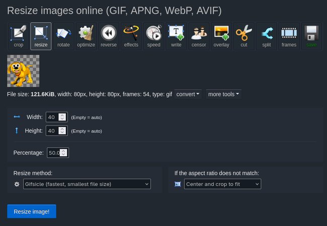 Beispiel eines 80 mal 80 Pixel großen GIFs, welches via Ezgif auf 40 mal 40 Pixel verkleinert werden soll Beispiel eines 80 mal 80 Pixel großen GIFs, welches via Ezgif auf 40 mal 40 Pixel verkleinert werden soll