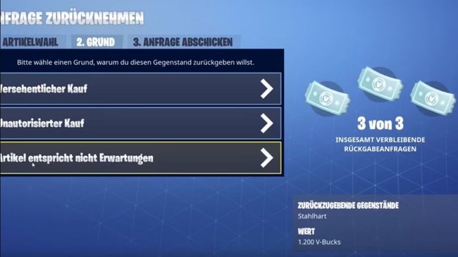 Drei Rückgabetickets im Menü von Fortnite