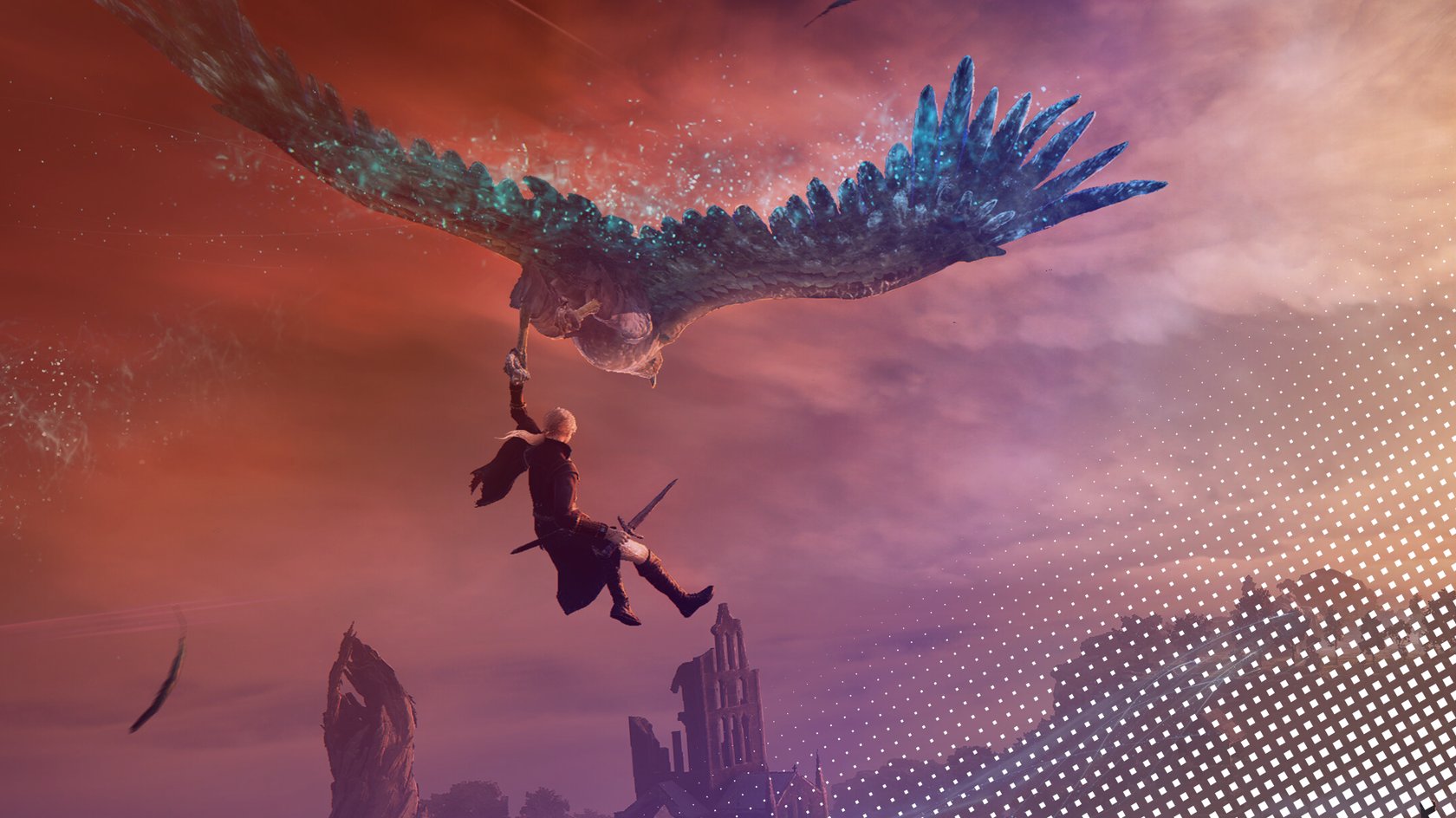 Screenshot aus Elden Ring: Nightreign mit einer Frau, die an einem Adler hängt.