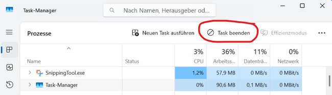 Windows 11 Task-Manager mit dem Feld "Task Beenden" rot umkreist.
