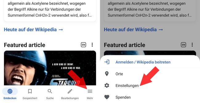 Zwei Screenshots der mobilen Wikipedia-App. Links ist die Startseite mit hervorgehobener Schaltfläche "Mehr" (drei horizontale Linien) am unteren Bildschirmrand durch einen roten Pfeil markiert. Rechts zeigt ein Dropdown-Menü die "Einstellungen"-Option, ebenfalls durch einen roten Pfeil hervorgehoben.