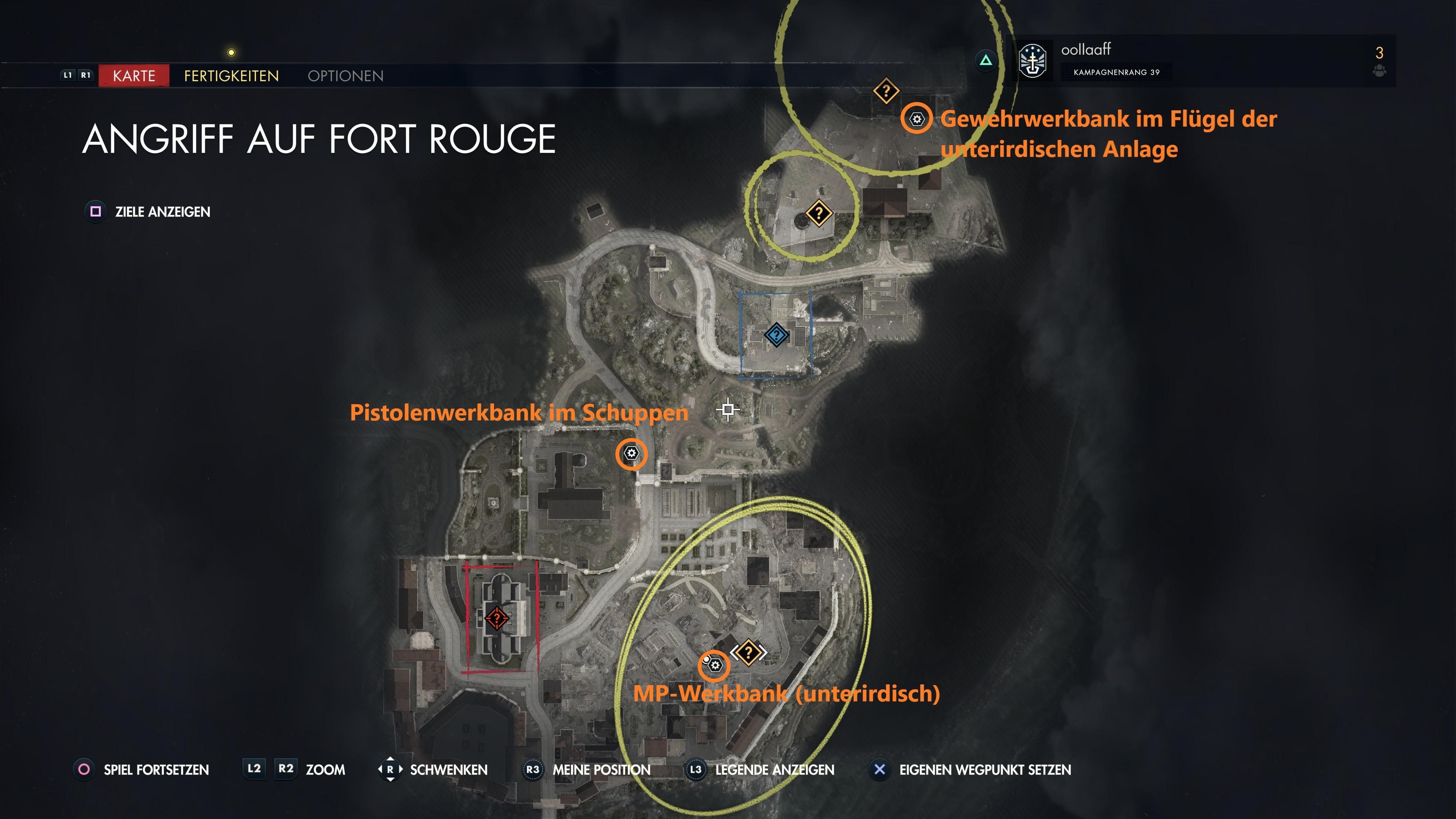 Das Bild zeigt die Karte der Mission „Angriff auf Fort Rogue“. Auf dem Screenshot sind die Fundorte der Werkbänke markiert.