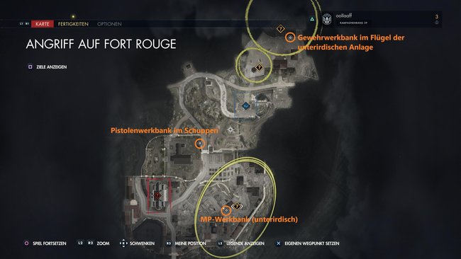 Das Bild zeigt die Karte der Mission „Angriff auf Fort Rogue“. Auf dem Screenshot sind die Fundorte der Werkbänke markiert.