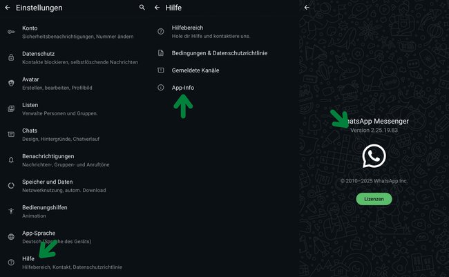 Wenn ihr in den Einstellungen von WhatsApp auf "Hilfe" und dann "App-Info" tippt, seht ihr die installierte WhatsApp-Version
