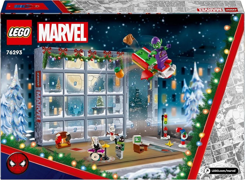 Das Bild zeigt einen Marvel-Adventskalender mit zahlreichen Figuren aus dem Spider-Man-Universum mit weihnachtlichem Charme.