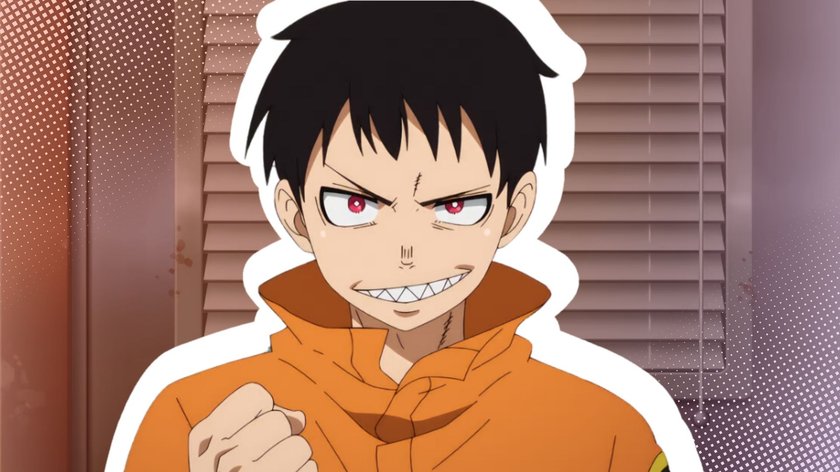 Das Bild zeigt Shinra Kusakabe, der weiß umrandet und hervorgehoben ist.