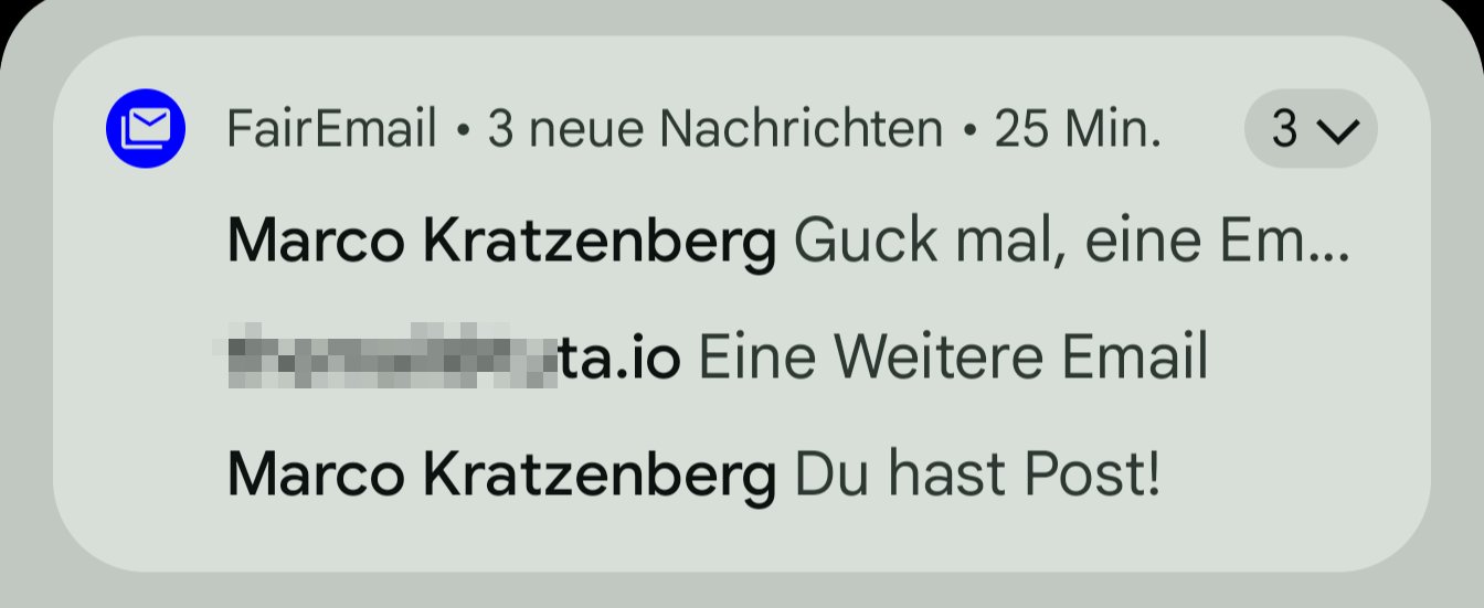 Screenshot einer Benachrichtigung von FairEmail mit drei neuen Nachrichten.
