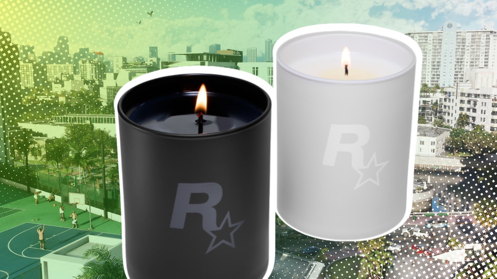 Kerzen&#x20;aus&#x20;dem&#x20;Rockstar-Store&#x20;vor&#x20;einem&#x20;Screenshot&#x20;aus&#x20;GTA&#x20;6.