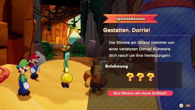 Missionsbildschirm der Nebenquest „Gestatten Dorrie!“ in Mario & Luigi: Brothership.