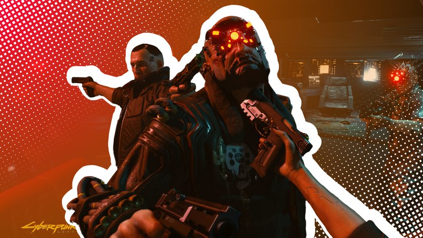 Illustration aus dem Videospiel „Cyberpunk 2077“ mit zwei bewaffneten Figuren im Vordergrund, die Pistolen halten. Eine dritte Figur mit leuchtendem roten Auge steht im Hintergrund in einem futuristischen Raum mit Bildschirmen und technischen Geräten. Der Hintergrund ist mit einem orangen und weissen Rasterdesign versehen, und das „Cyberpunk 2077“-Logo befindet sich in der unteren linken Ecke.