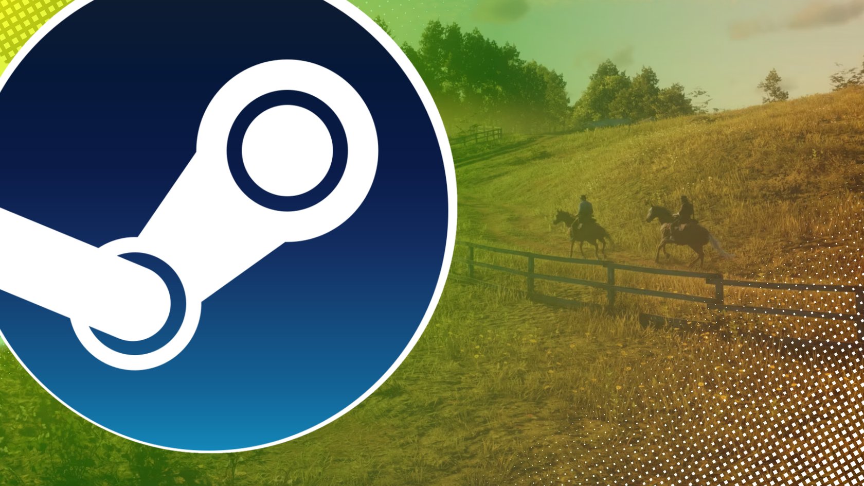 Steam-Logo vor einer Landschaft aus Red Dead Redemption 2 mit zwei Reitern auf Pfern vor einem Zaun auf einem Feld.