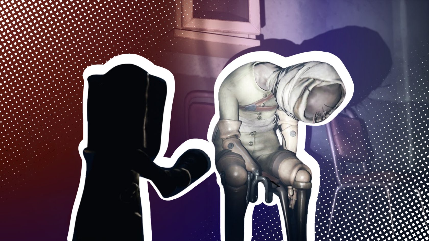 Illustration mit zwei Figuren: links eine dunkle Silhouette, rechts eine zusammengesunkene Puppe mit bandagiertem Kopf, bekleidet mit einem alten Trenchcoat und Hosenträgern. Der Hintergrund zeigt eine düstere, schwach beleuchtete Szene mit Möbeln im Retro-Stil.