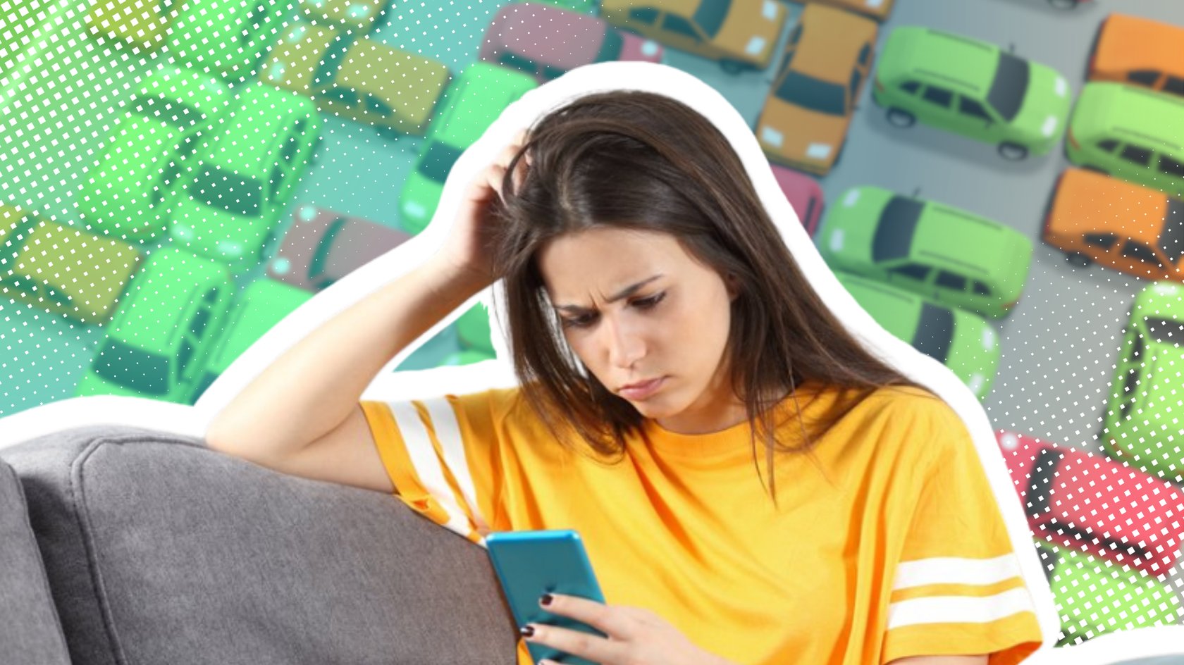 Junge Frau schaut nachdenklich auf ihr Handy, mit Ausschnitt aus "My Parking Lot" im Hintergrund.