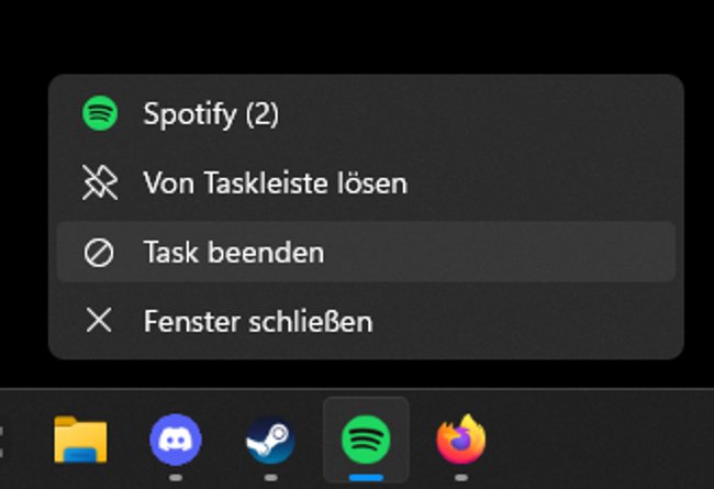 Wenn ihr in den Entwickler-Einstellungen von Windows "Task beenden" aktiviert habt, könnt ihr den Prozess direkt aus der Taskleiste heraus killen