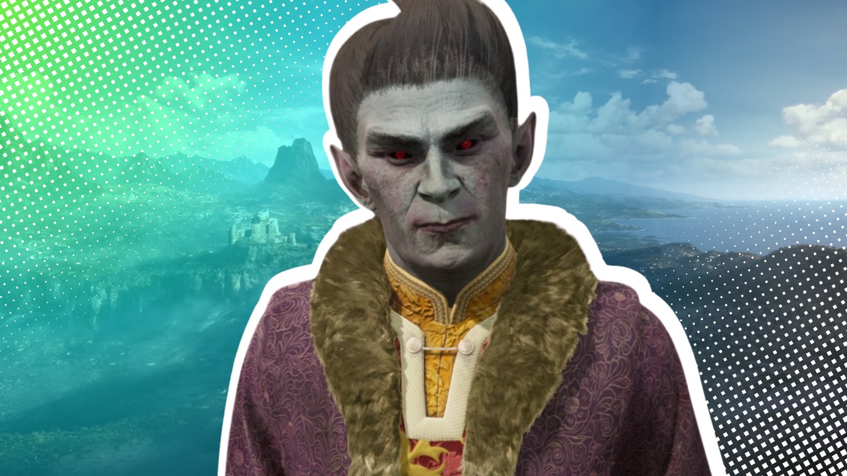 Dunkelelf aus The Elder Scrolls 4: Oblivion Remastered vor einem Screenshot aus dem Trailer für The Elder Scrolls 6, der eine bergige Landschaft mit einer Burgruine zeigt.