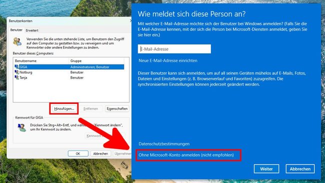 Windows 11: Wählt die Option ohne Microsoft-Konto aus.