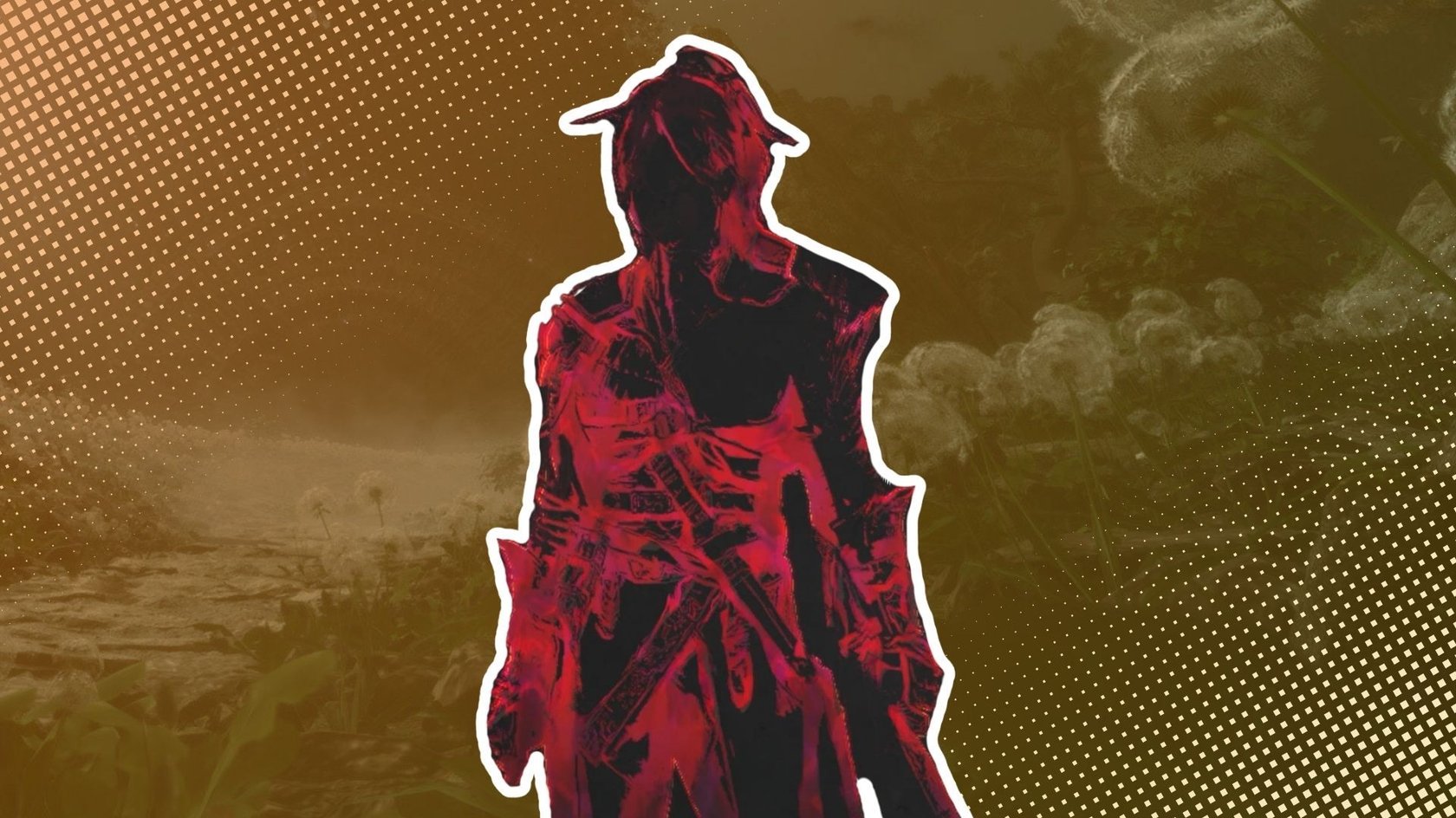 Illustration einer stilisierten, in Rot und Schwarz gehaltenen Silhouette einer Frau in Abenteurerkleidung, vor einem braun-gelblichen Hintergrund mit Punkteverlauf und angedeuteter Naturkulisse mit Pusteblumen. Die Figur ist weiß umrandet und hebt sich kontrastreich vom Hintergrund ab.