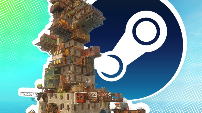 Turm aus All will Fall mit dem Steam-Logo dahinter vor einem blaugrünen Hintergrund.